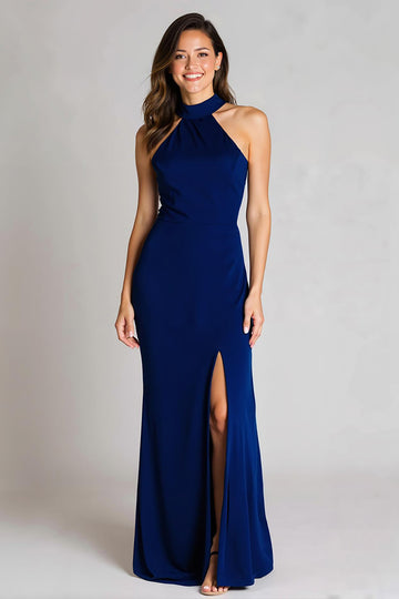 Navy Halter Sheath Backless Formal Dress With Slit
